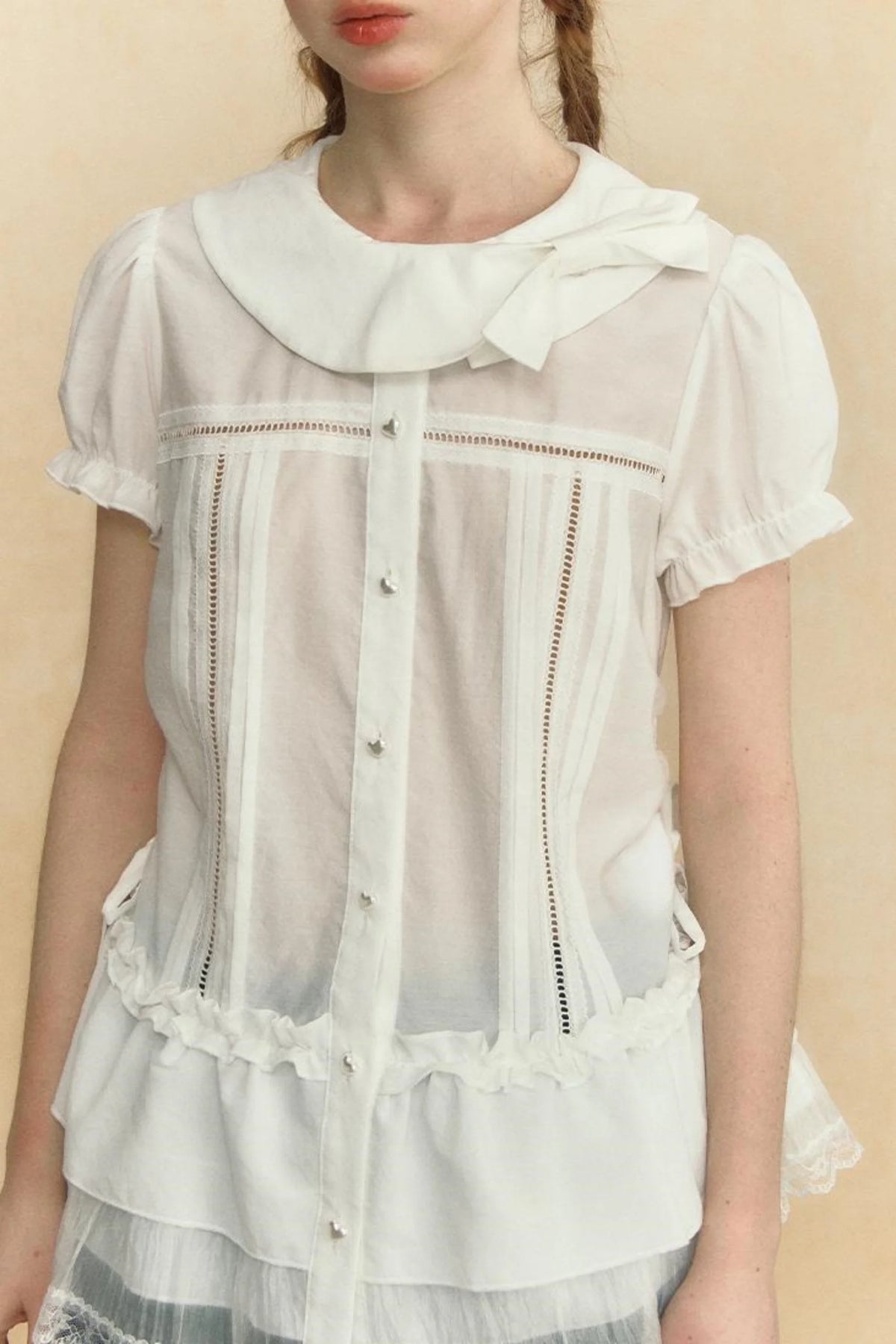 Chic Beige Stripe Lace Puff Sleeve Shirt