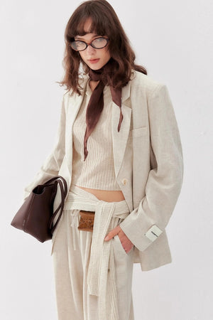 Chic Linen-Cotton Blazer & Wide Leg Pant Set-Up