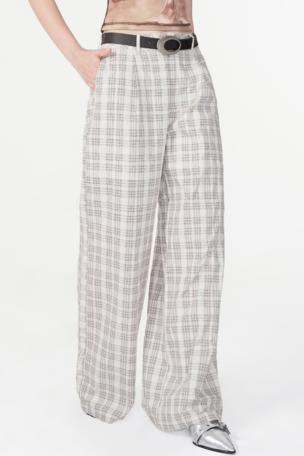 Chic White Plaid Casual Trousers