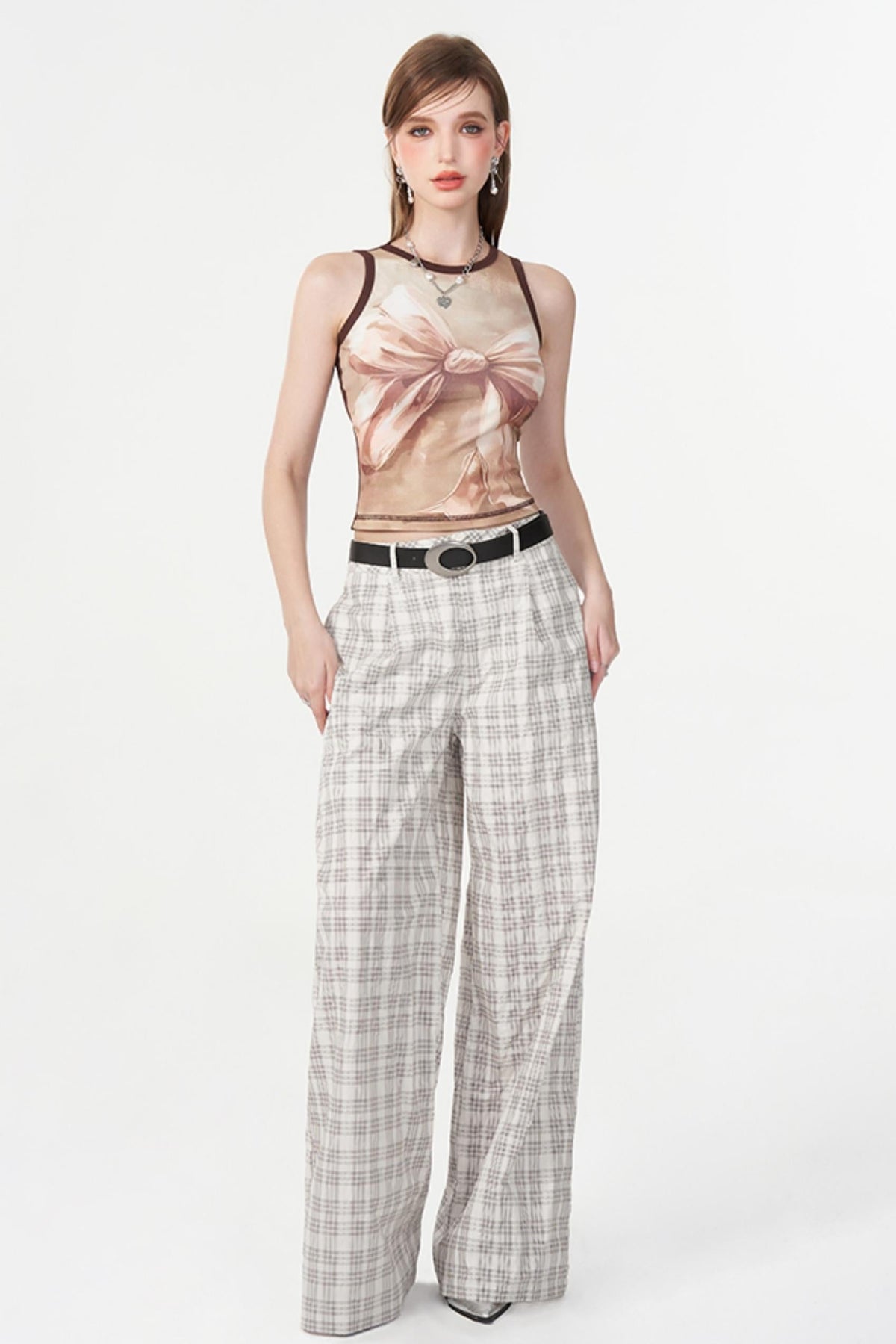 Chic White Plaid Casual Trousers