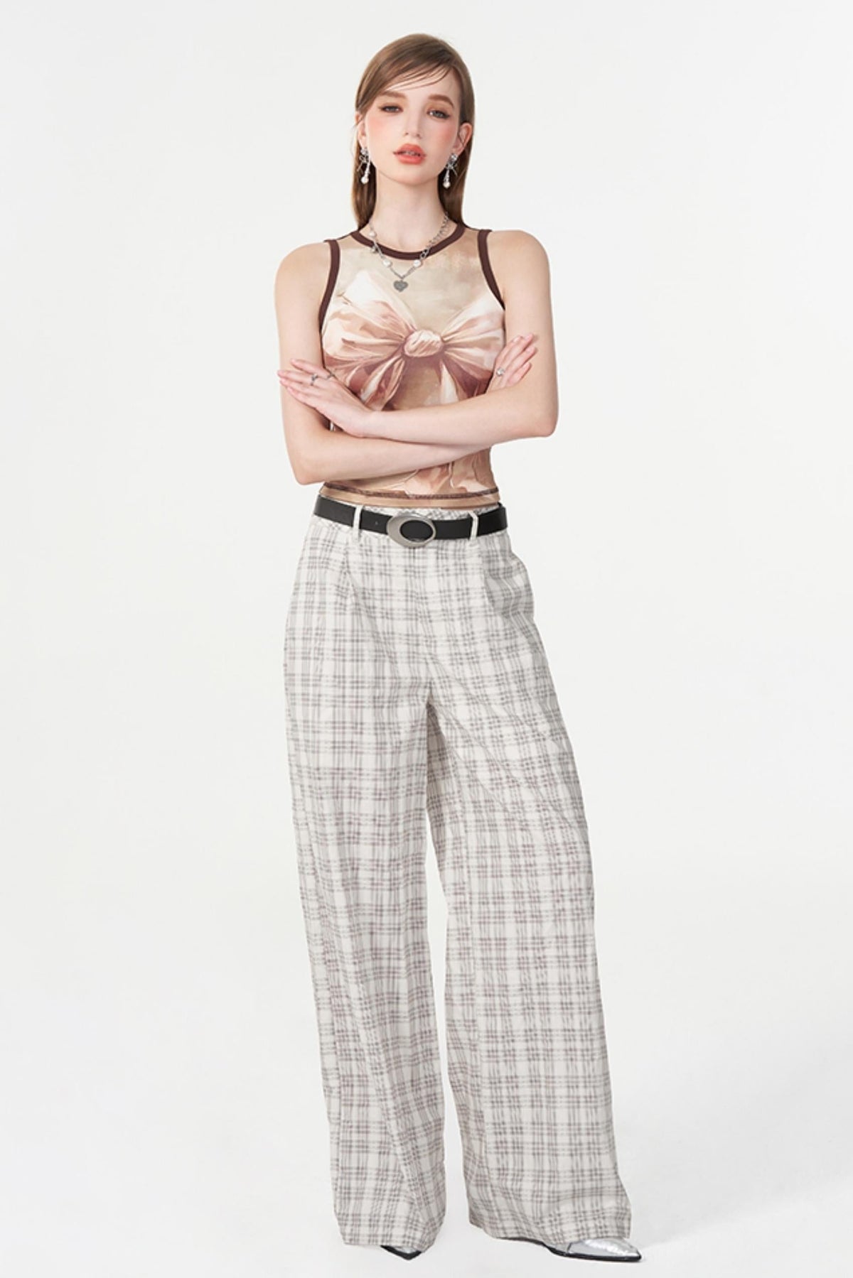 Chic White Plaid Casual Trousers