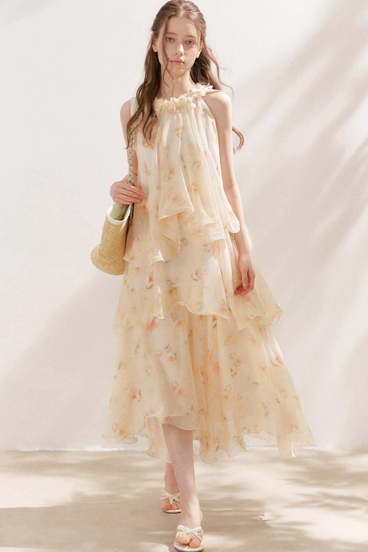 Chiffon Floral Halter Long Dress