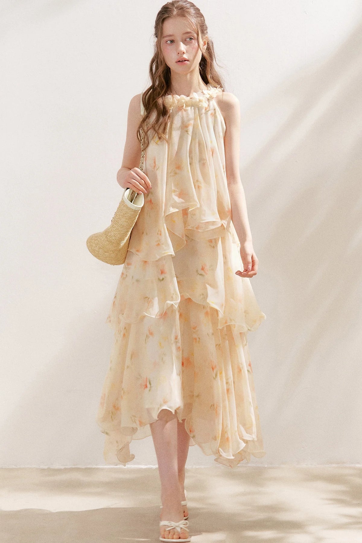Chiffon Floral Halter Long Dress