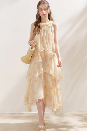Chiffon Floral Halter Long Dress