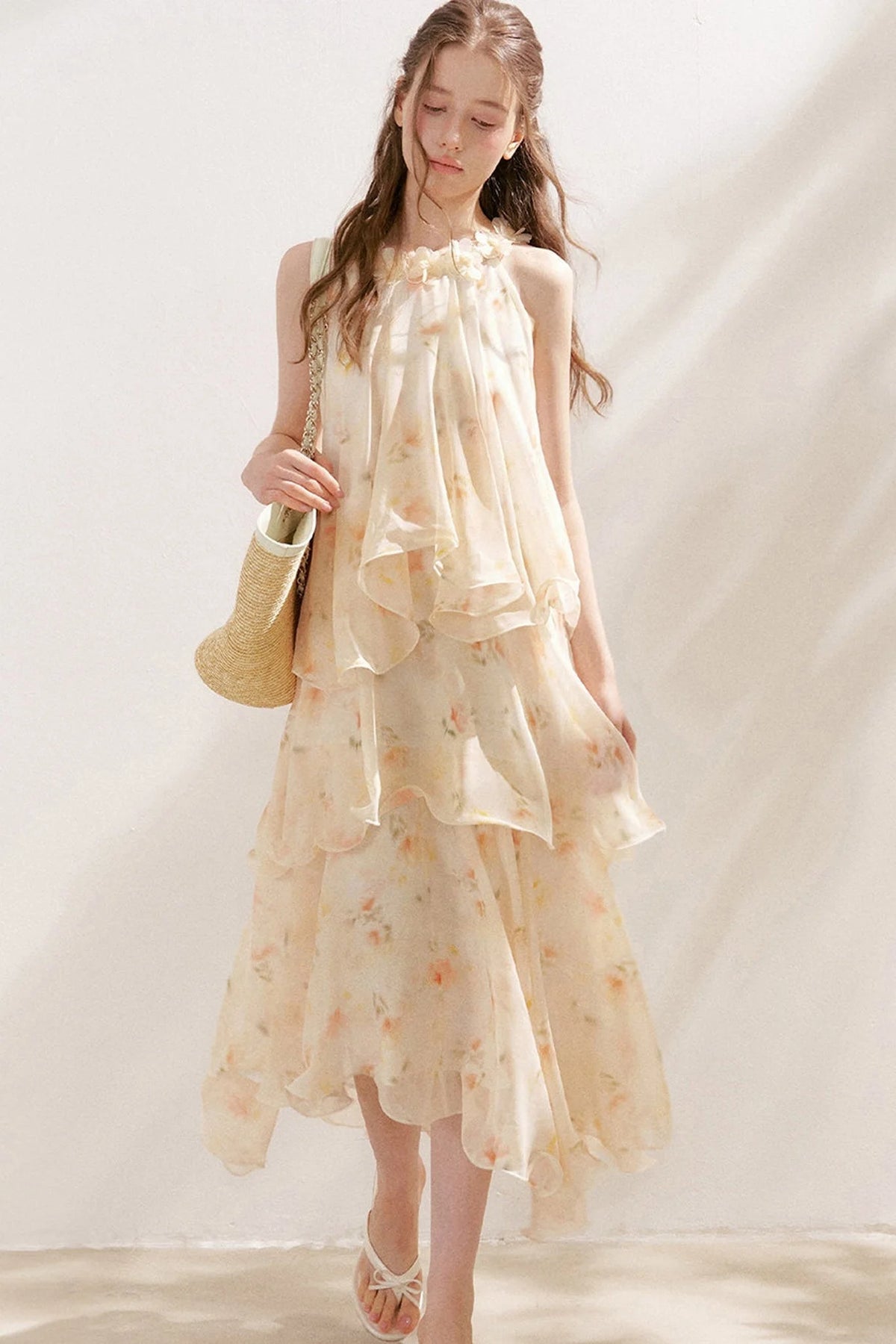 Chiffon Floral Halter Long Dress
