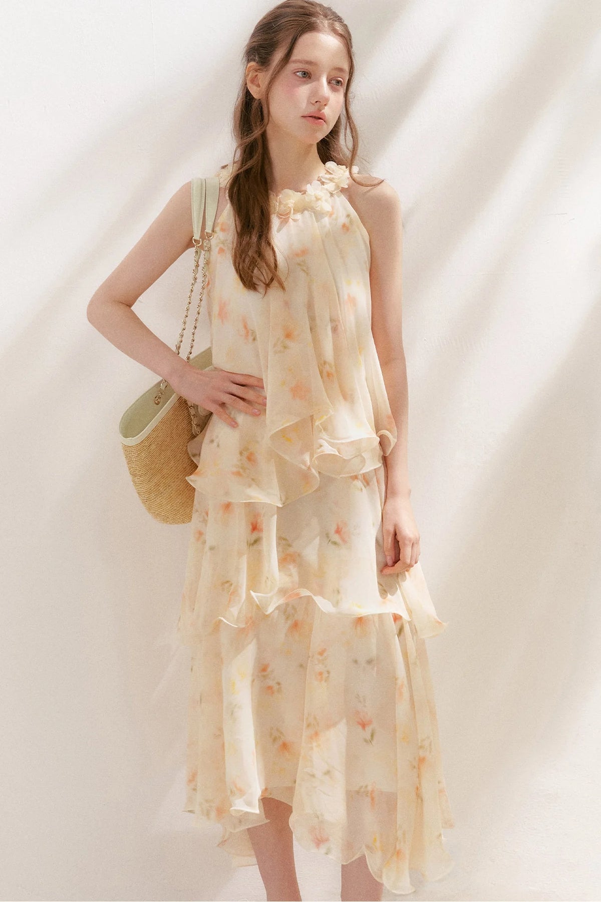 Chiffon Floral Halter Long Dress