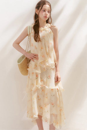 Chiffon Floral Halter Long Dress