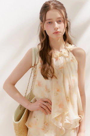Chiffon Floral Halter Long Dress
