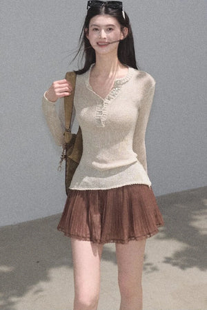 Chiffon Thin Lace Pleated Skirt
