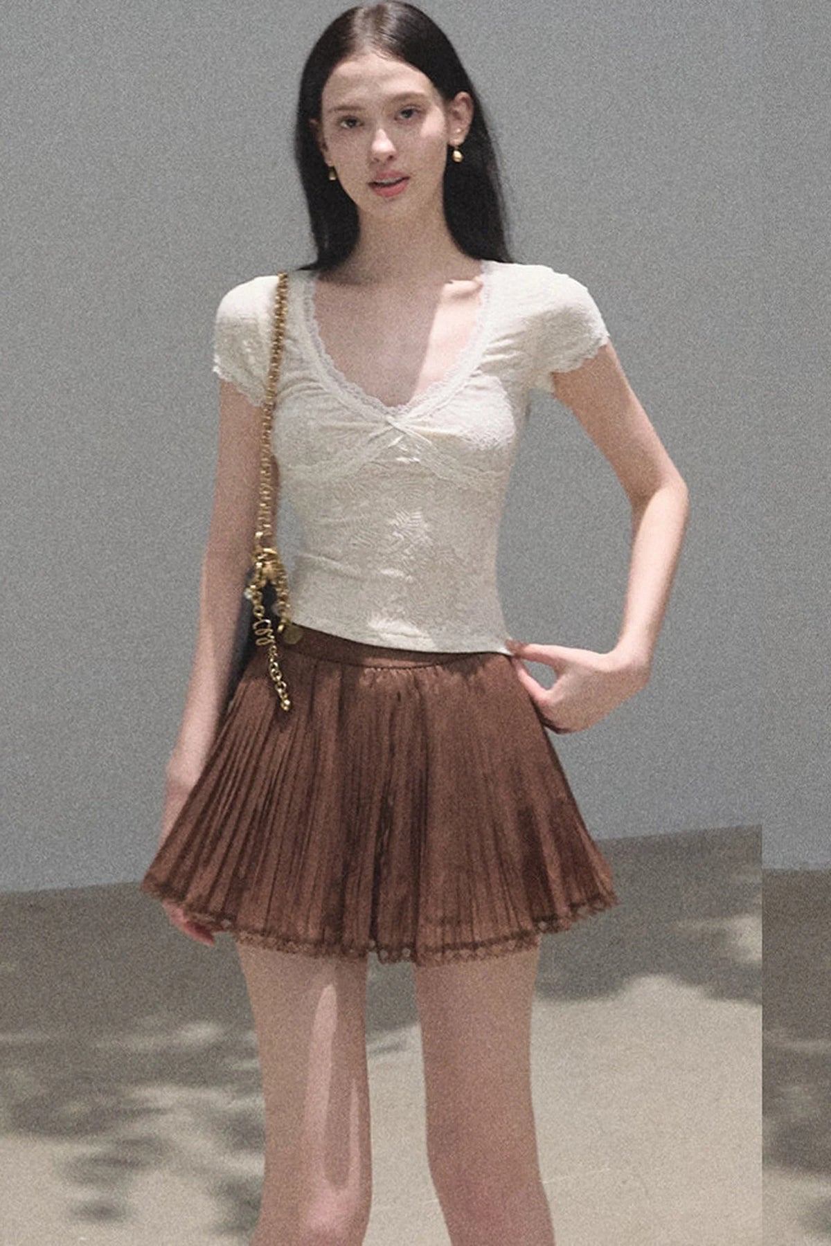 Chiffon Thin Lace Pleated Skirt