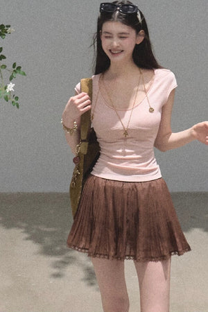 Chiffon Thin Lace Pleated Skirt