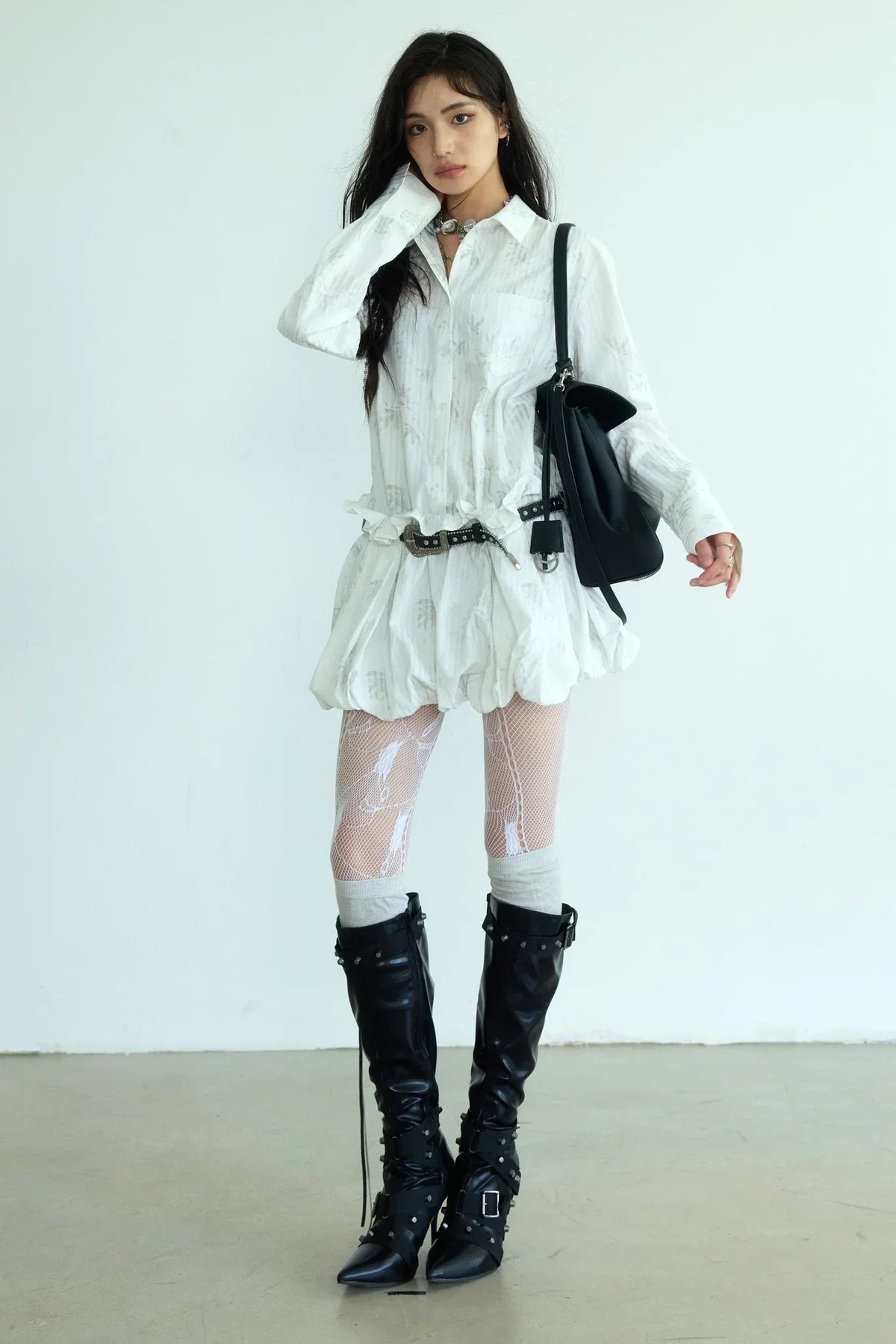Chinese Print Pleated Shirt Dress