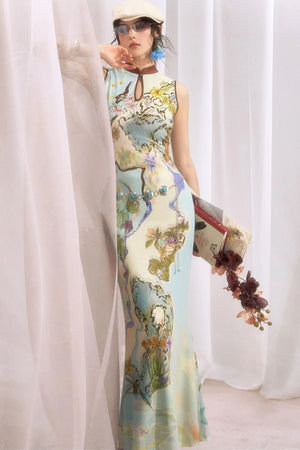 Chinese Style Ink Floral Cheongsam Dress