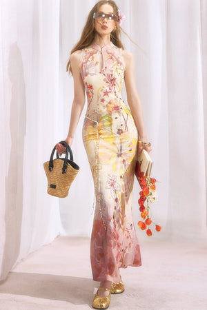 Chinese-Style Print Suspender Two-Piece Dress