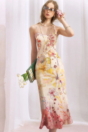 Chinese-Style Print Suspender Two-Piece Dress
