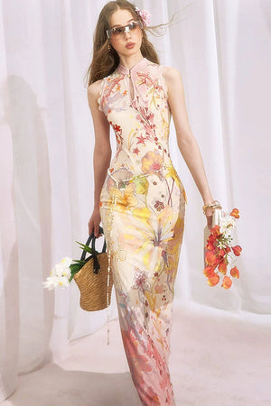 Chinese-Style Print Suspender Two-Piece Dress