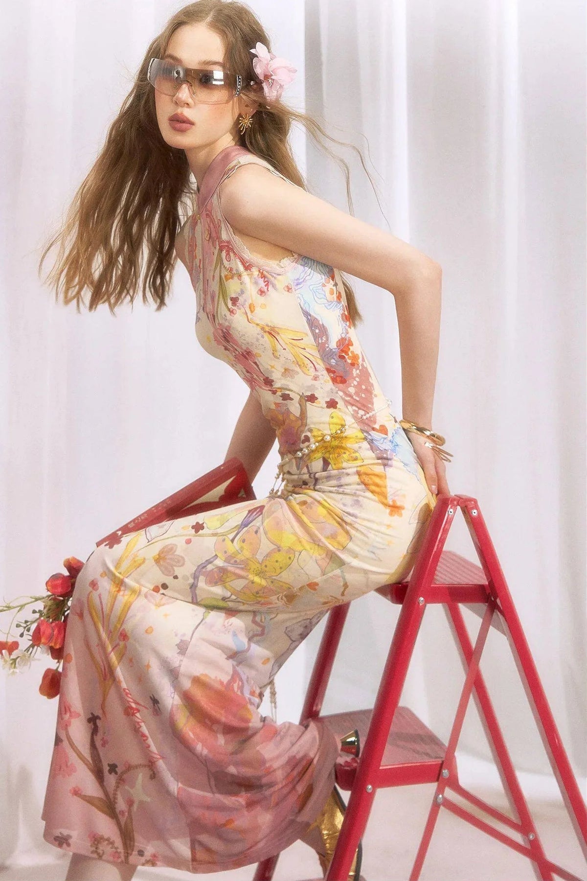Chinese-Style Print Suspender Two-Piece Dress