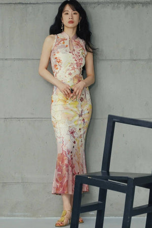 Chinese-Style Print Suspender Two-Piece Dress