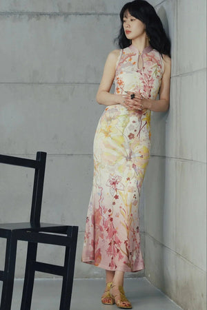 Chinese-Style Print Suspender Two-Piece Dress