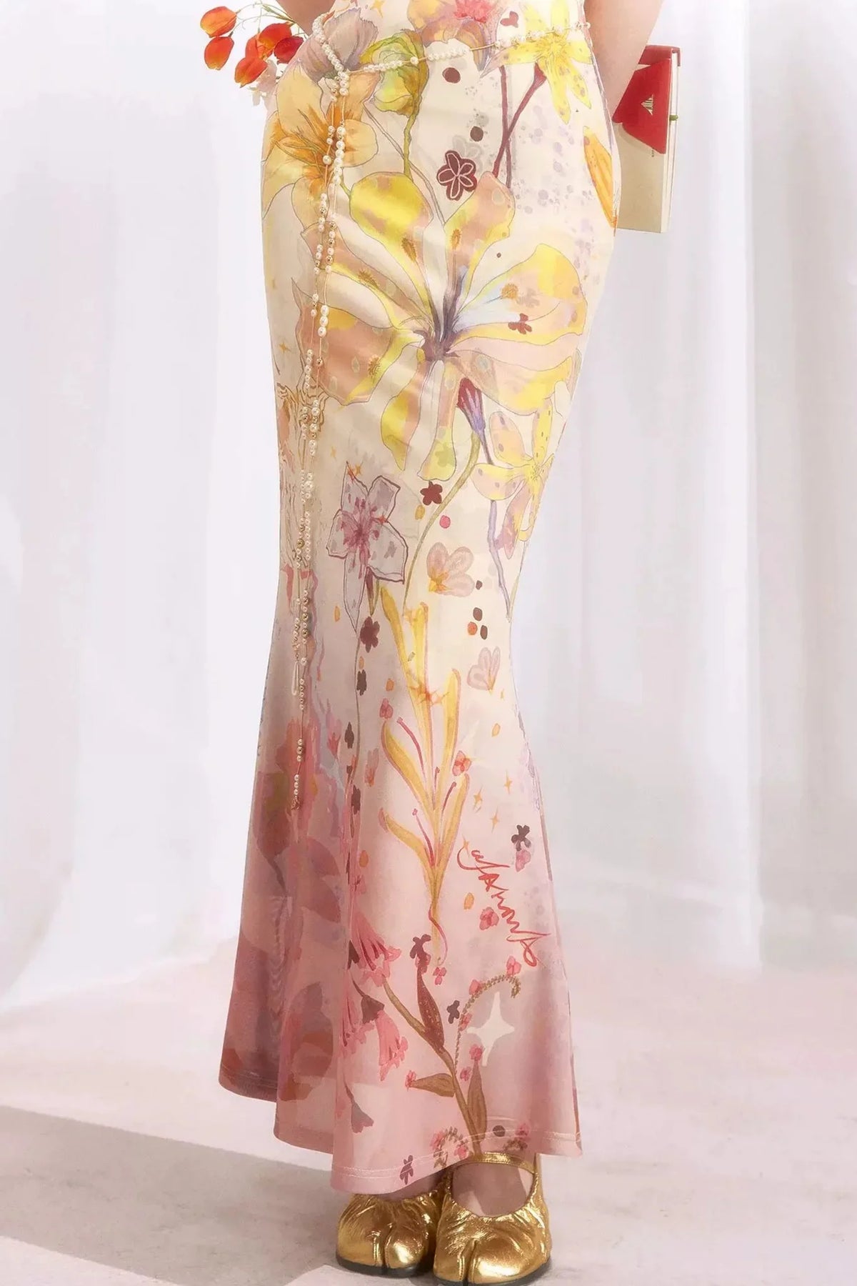 Chinese-Style Print Suspender Two-Piece Dress