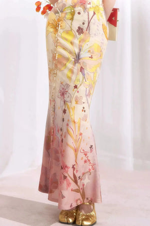 Chinese-Style Print Suspender Two-Piece Dress
