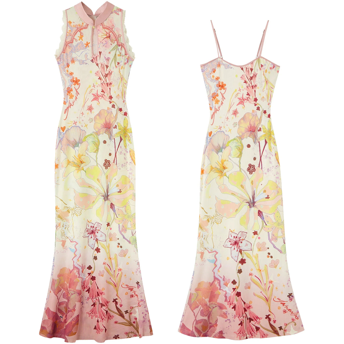 Chinese-Style Print Suspender Two-Piece Dress