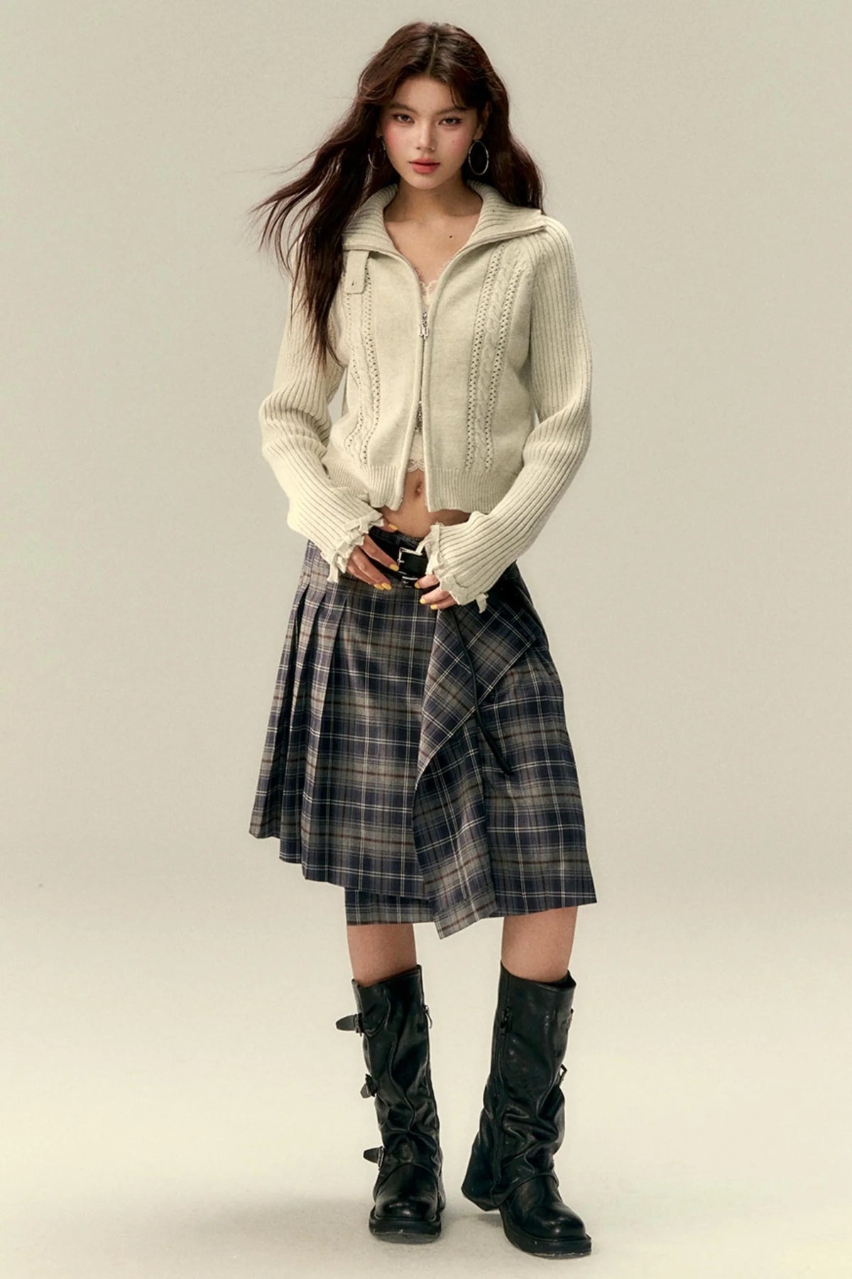 Classic Asymmetric Plaid Midi Skirt