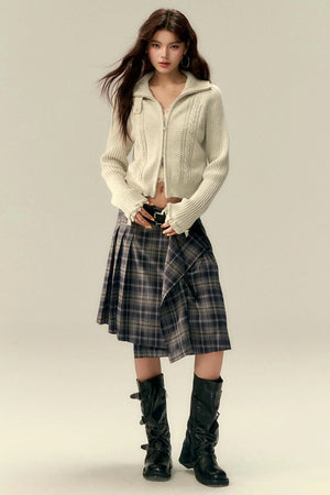 Classic Asymmetric Plaid Midi Skirt