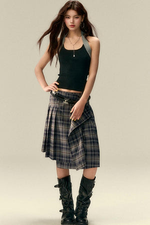Classic Asymmetric Plaid Midi Skirt