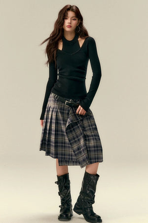 Classic Asymmetric Plaid Midi Skirt