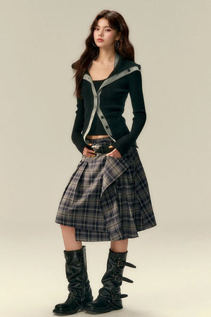 Classic Asymmetric Plaid Midi Skirt