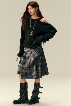 Classic Asymmetric Plaid Midi Skirt