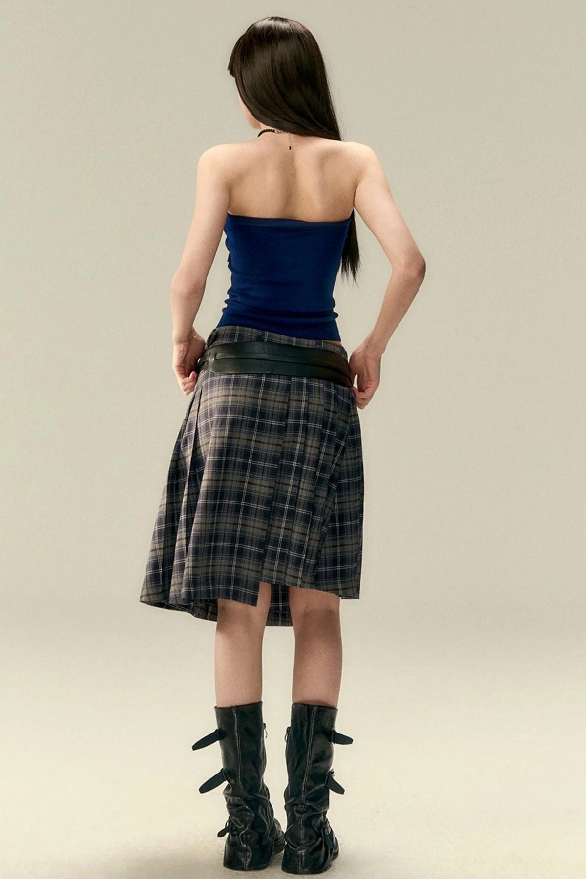 Classic Asymmetric Plaid Midi Skirt