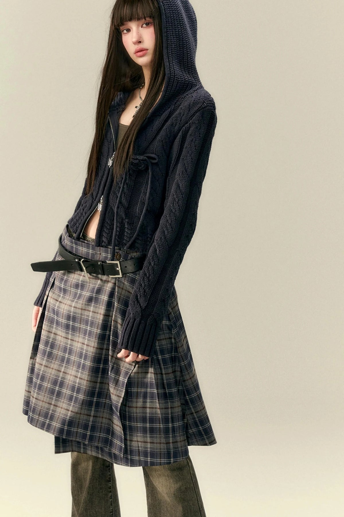 Classic Asymmetric Plaid Midi Skirt