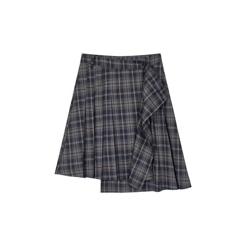 Classic Asymmetric Plaid Midi Skirt