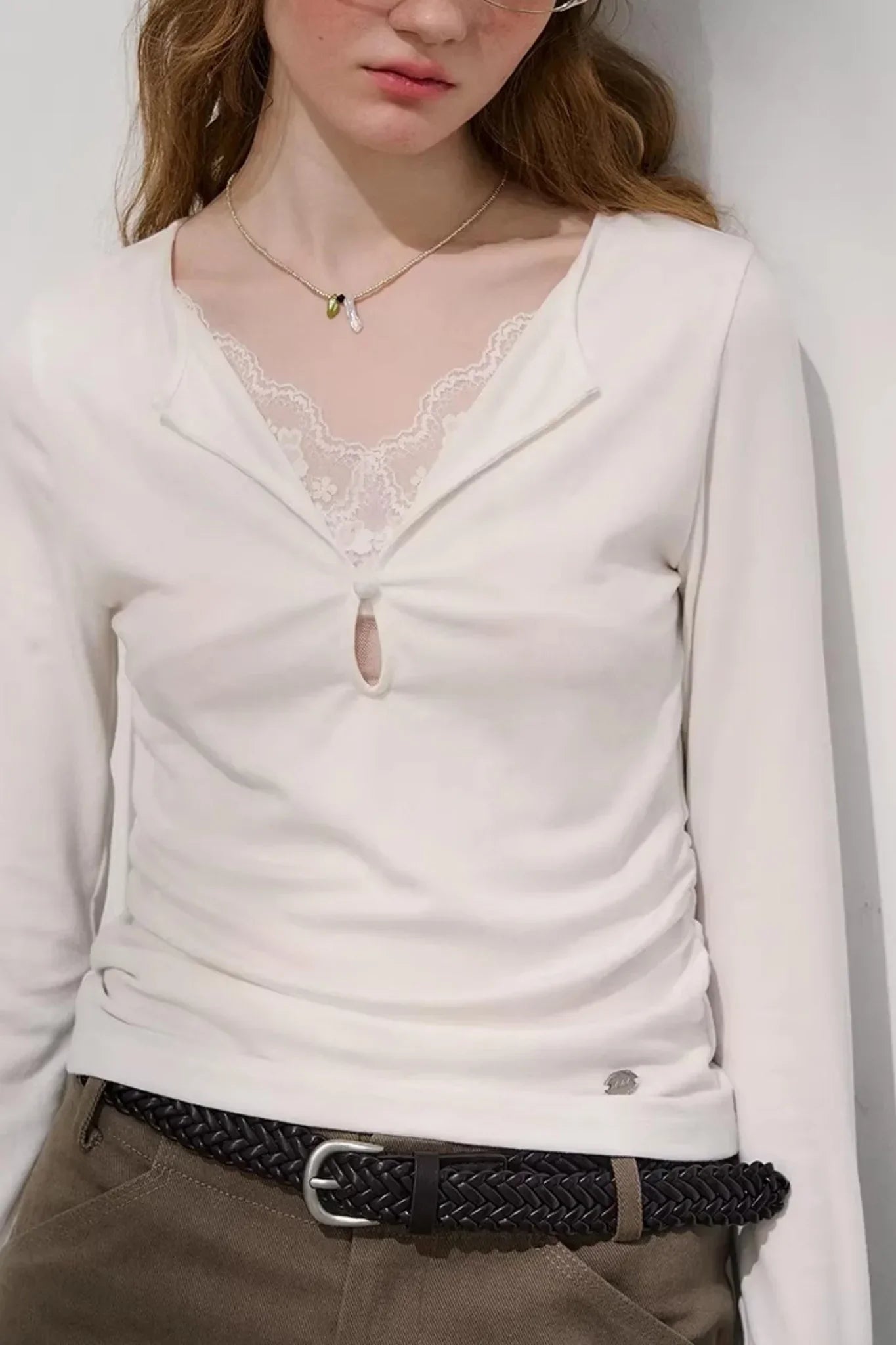 Cloud Cedar Lace Patchwork Top