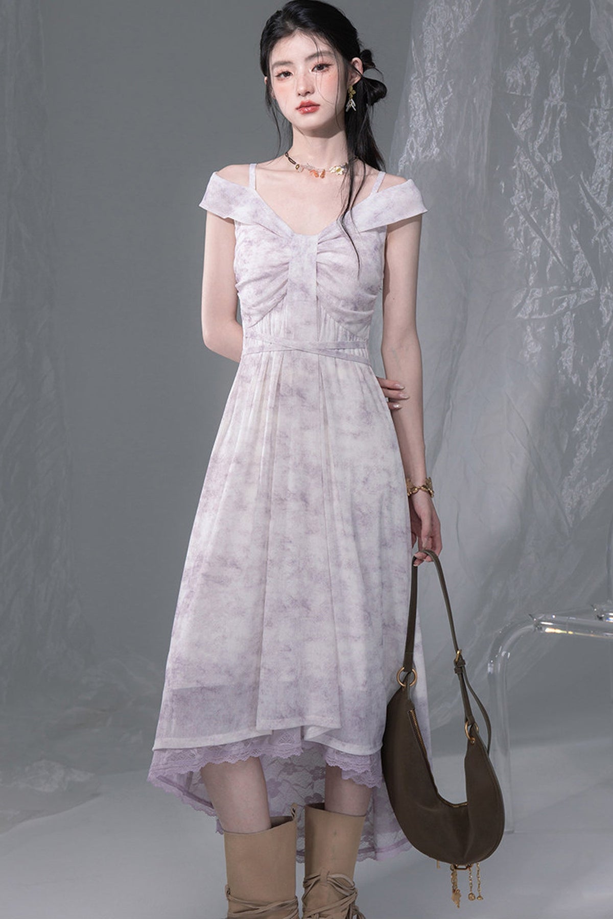 Cloud Smoke Purple Bow Tie Dress