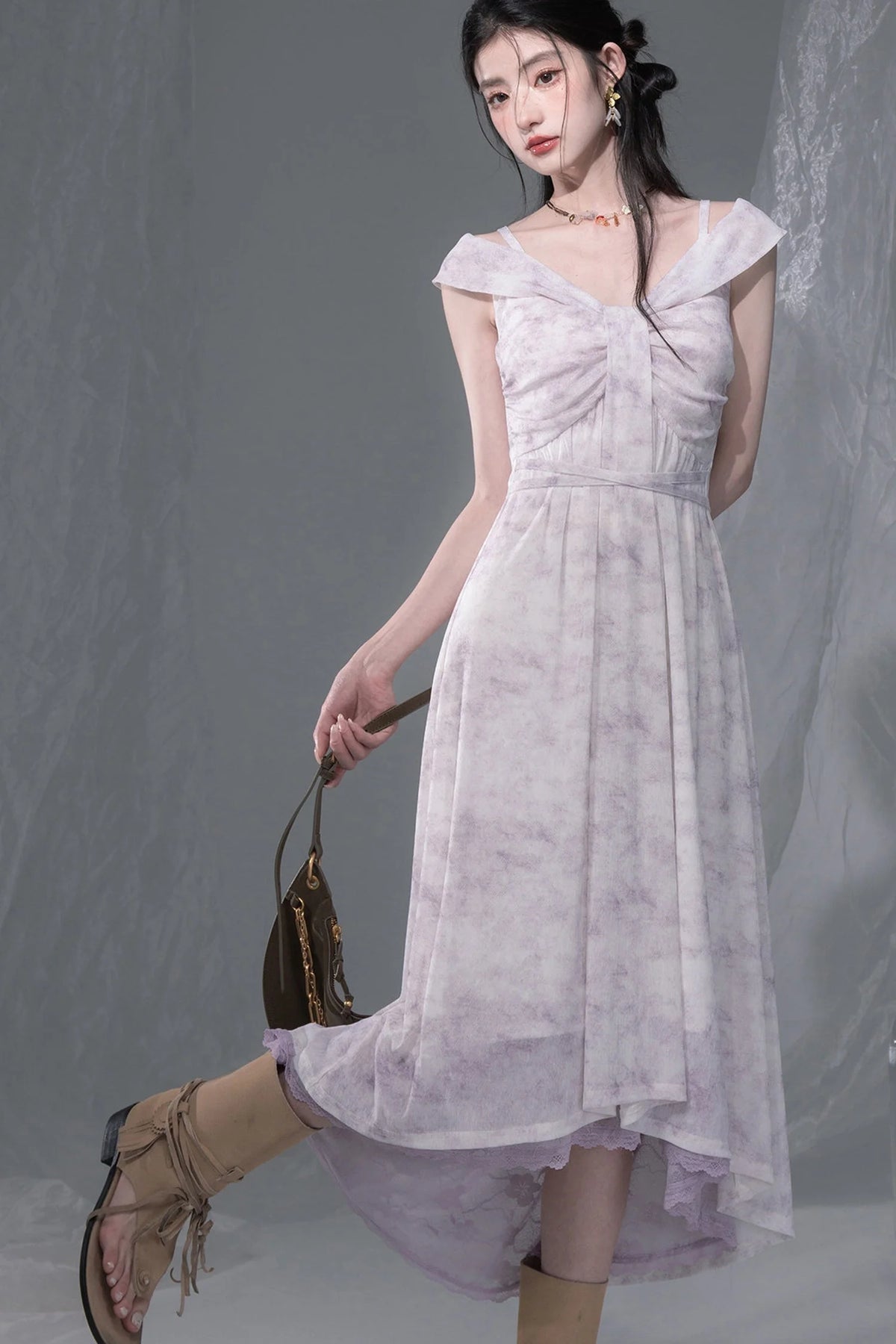 Cloud Smoke Purple Bow Tie Dress