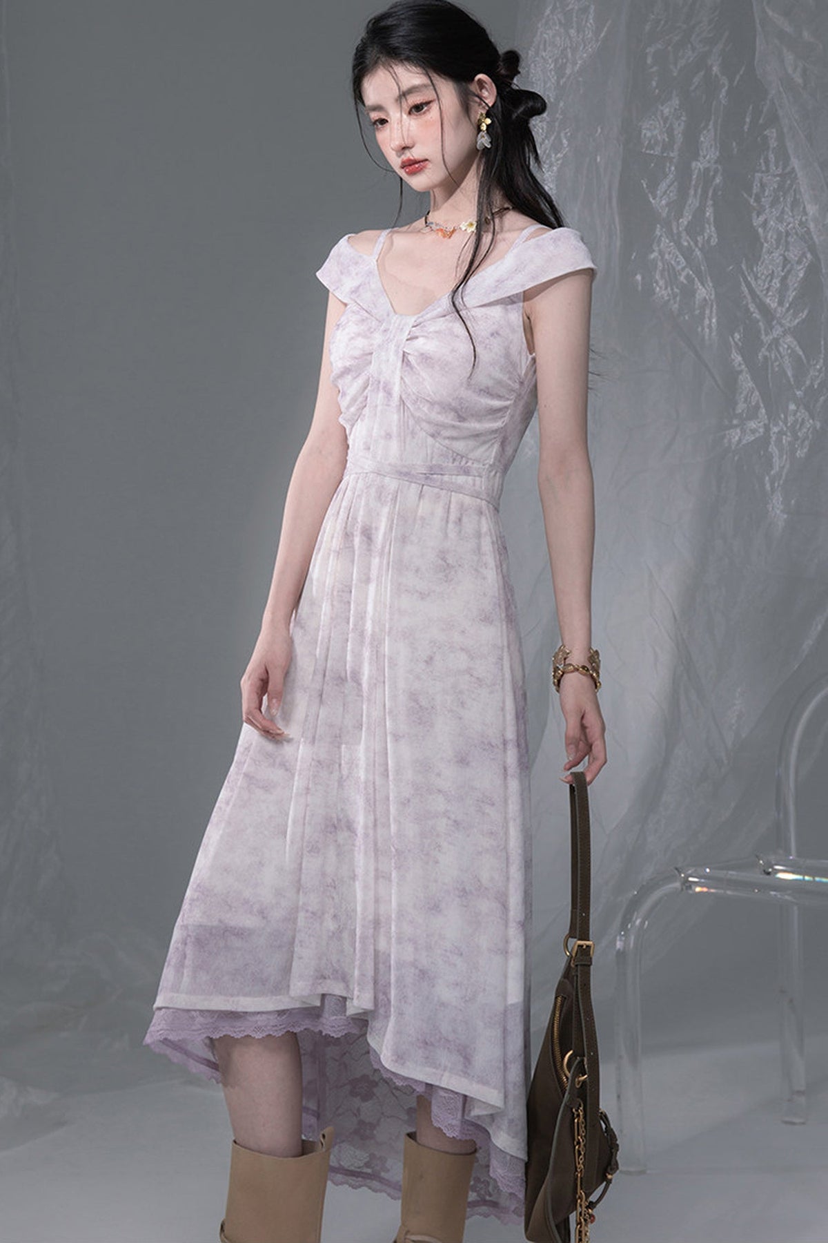 Cloud Smoke Purple Bow Tie Dress