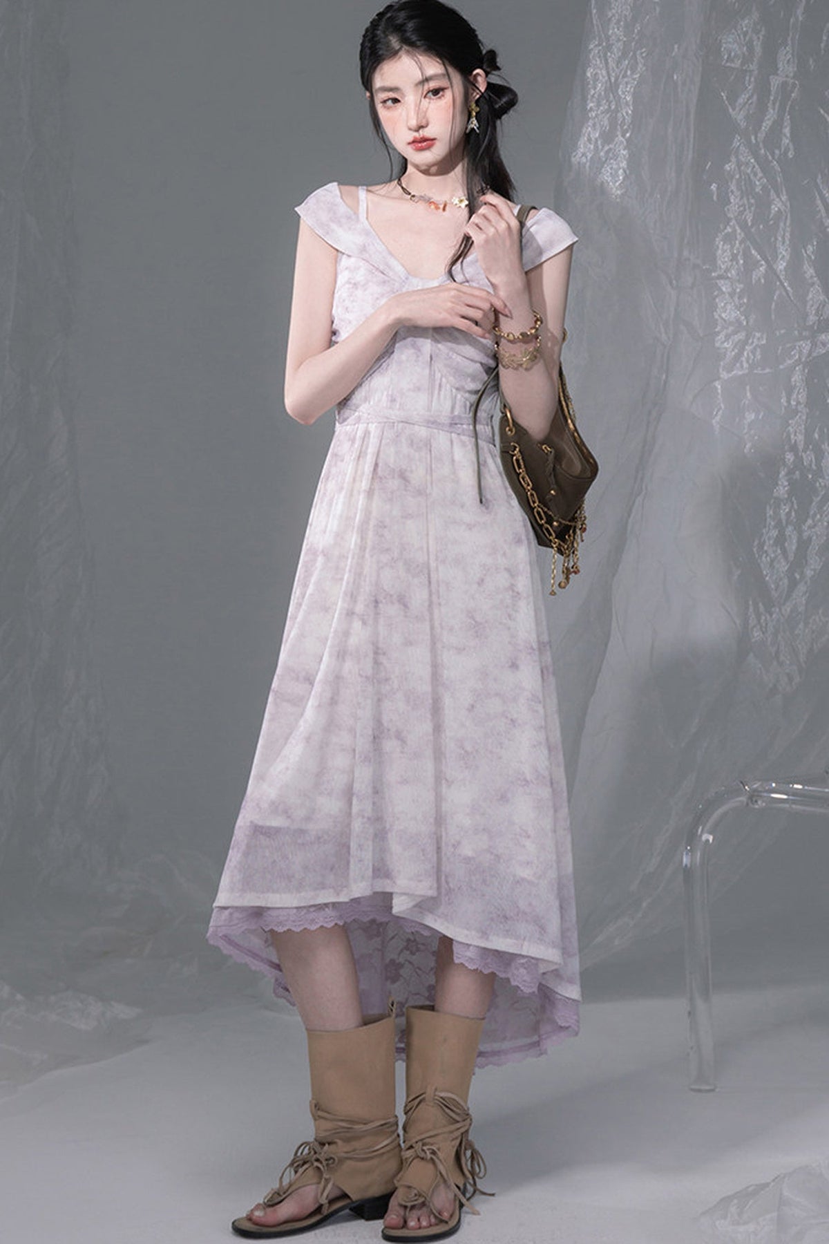 Cloud Smoke Purple Bow Tie Dress