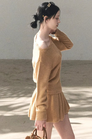 Coastal Notes Wool Off-Shoulder Dress