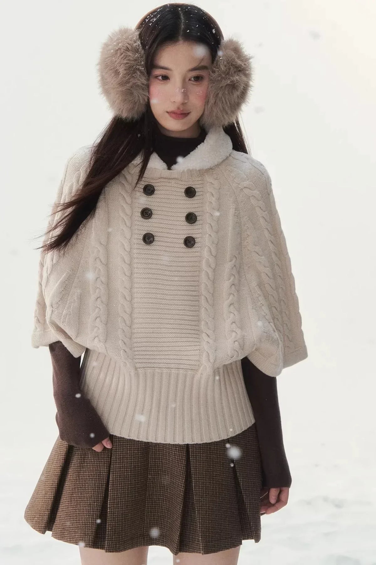 Coffee-Colored Fur Collar Cape Sweater