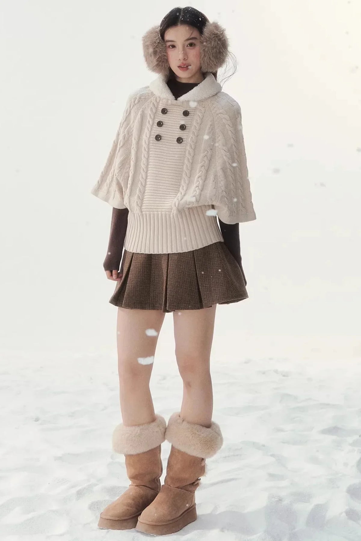 Coffee-Colored Fur Collar Cape Sweater