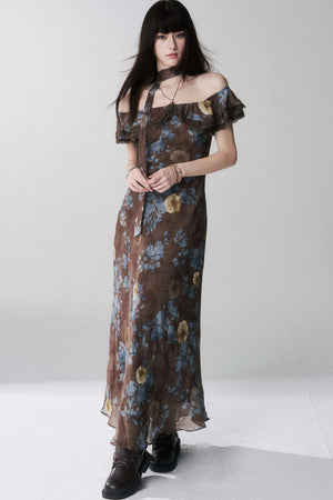 Coffee Floral One-Shoulder Dress