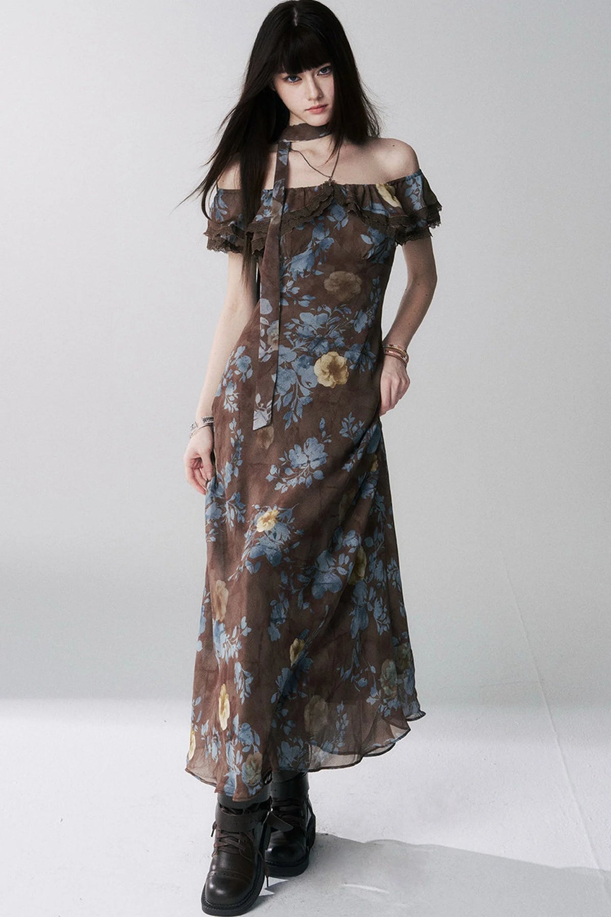 Coffee Floral One-Shoulder Dress
