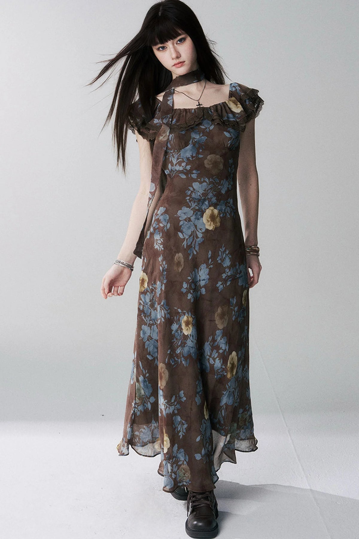 Coffee Floral One-Shoulder Dress