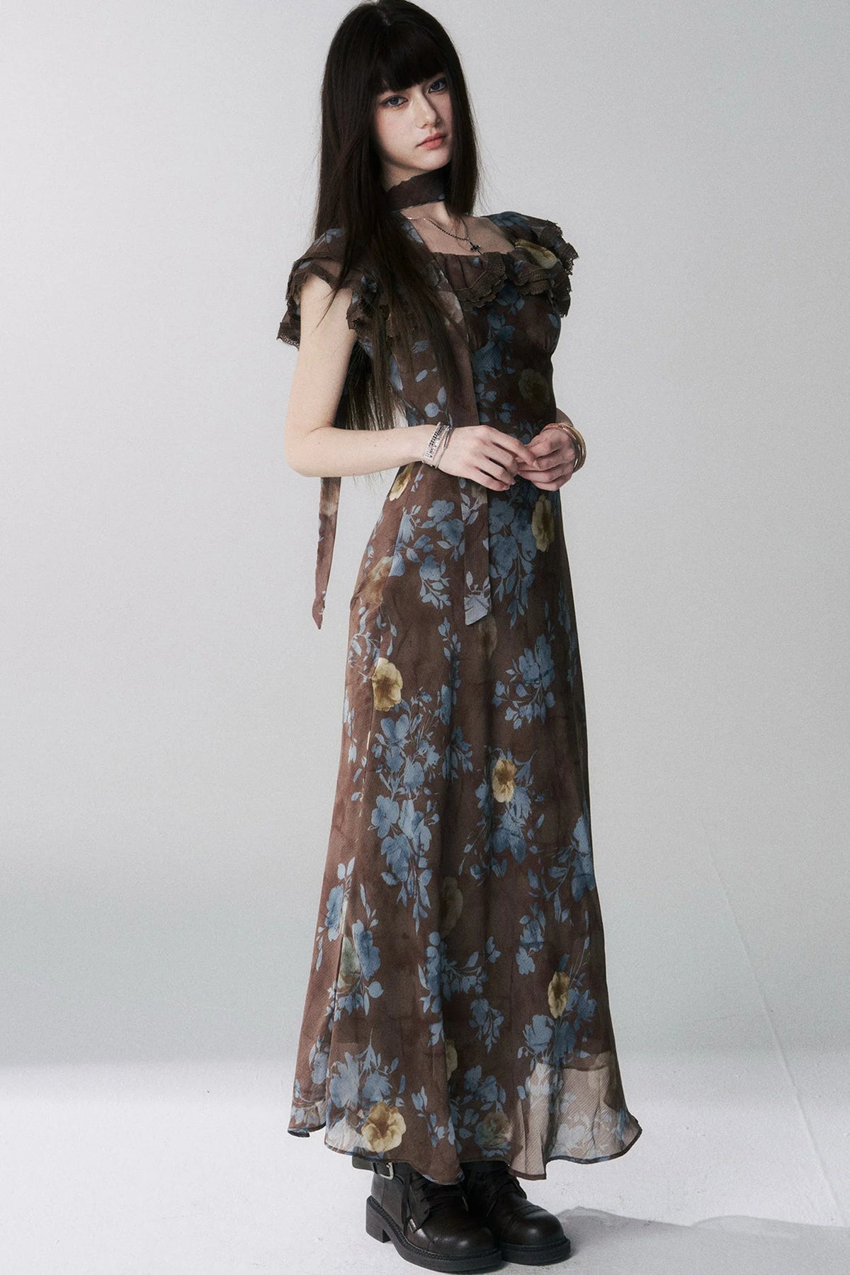 Coffee Floral One-Shoulder Dress