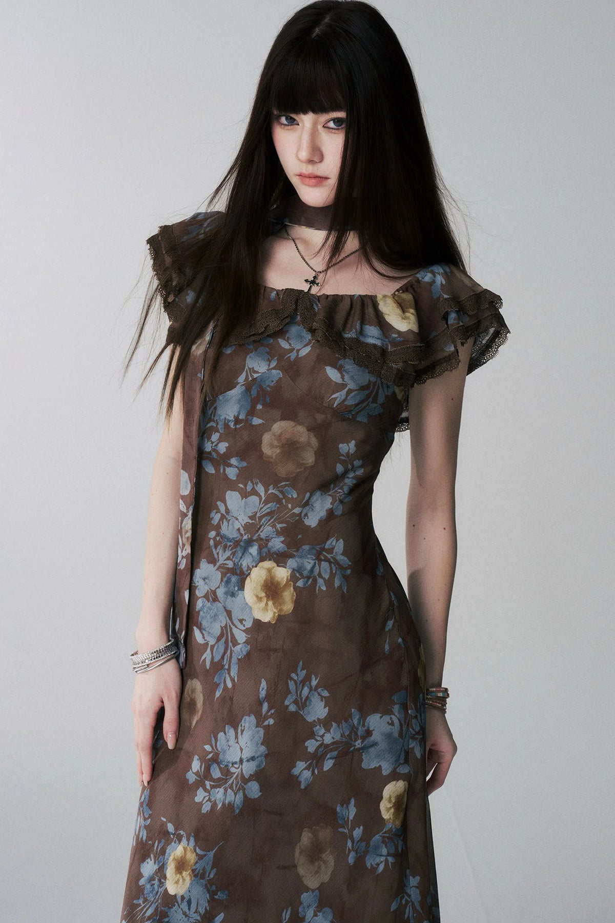 Coffee Floral One-Shoulder Dress