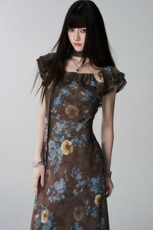 Coffee Floral One-Shoulder Dress