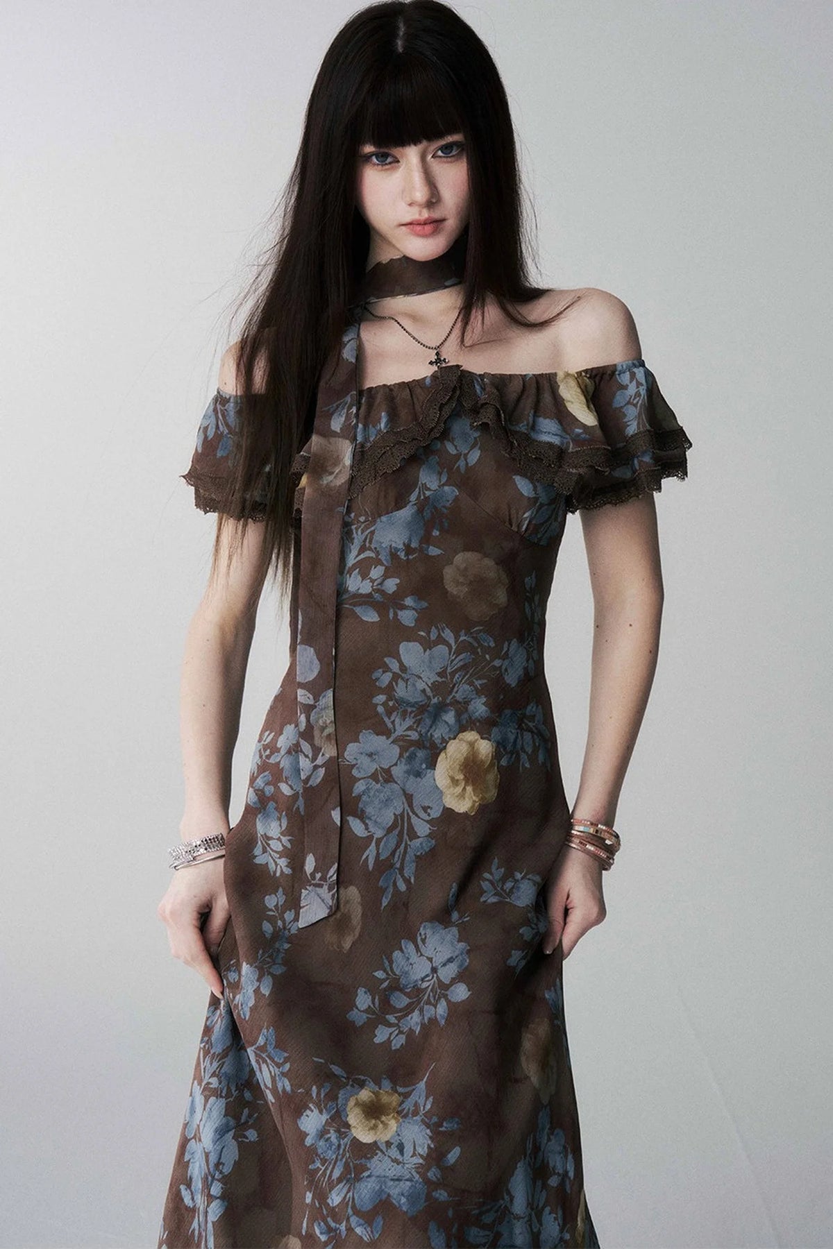 Coffee Floral One-Shoulder Dress